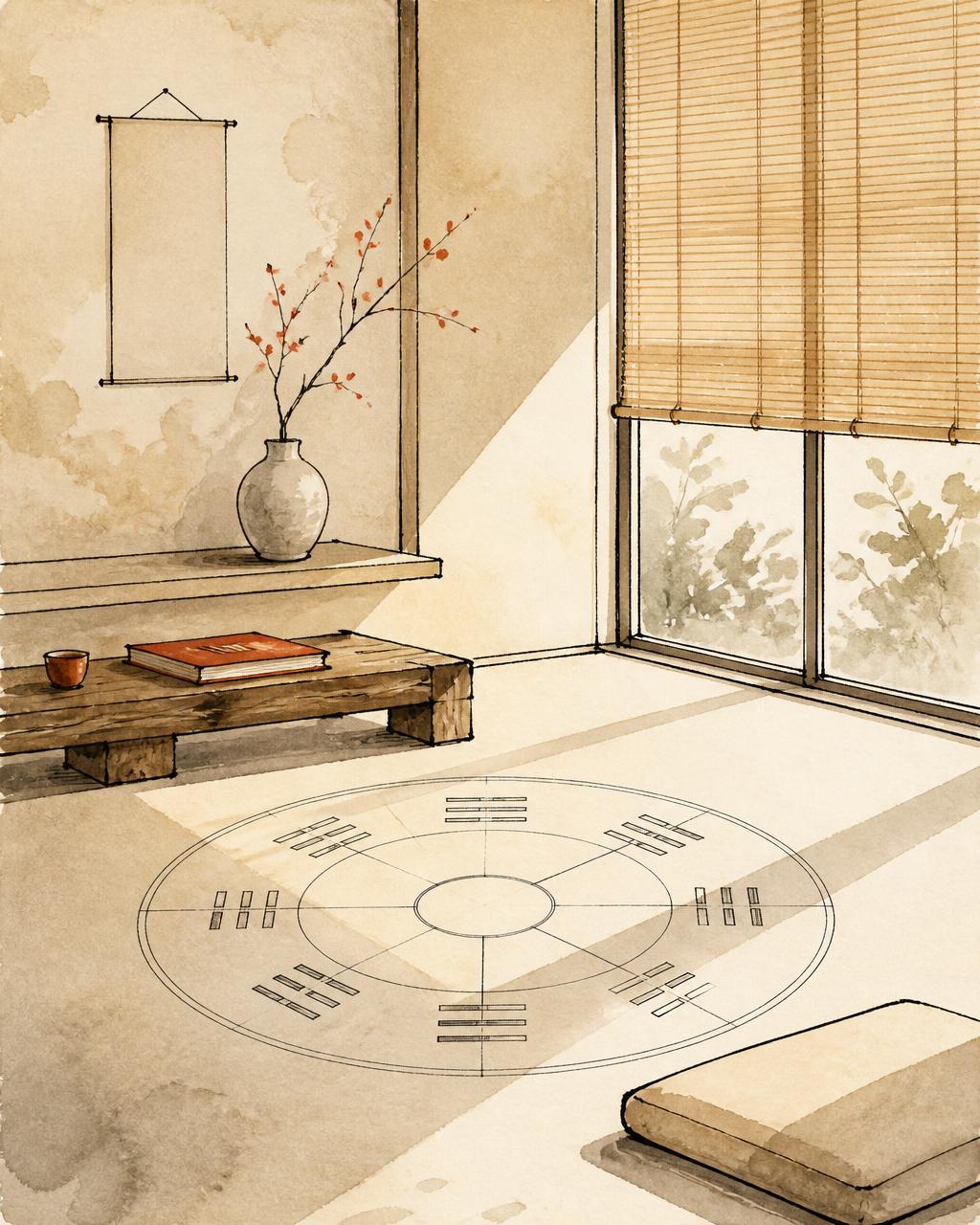 A hand-drawn ink-and-wash study of a serene sunlit interior — the Qia ideal of spatial harmony.